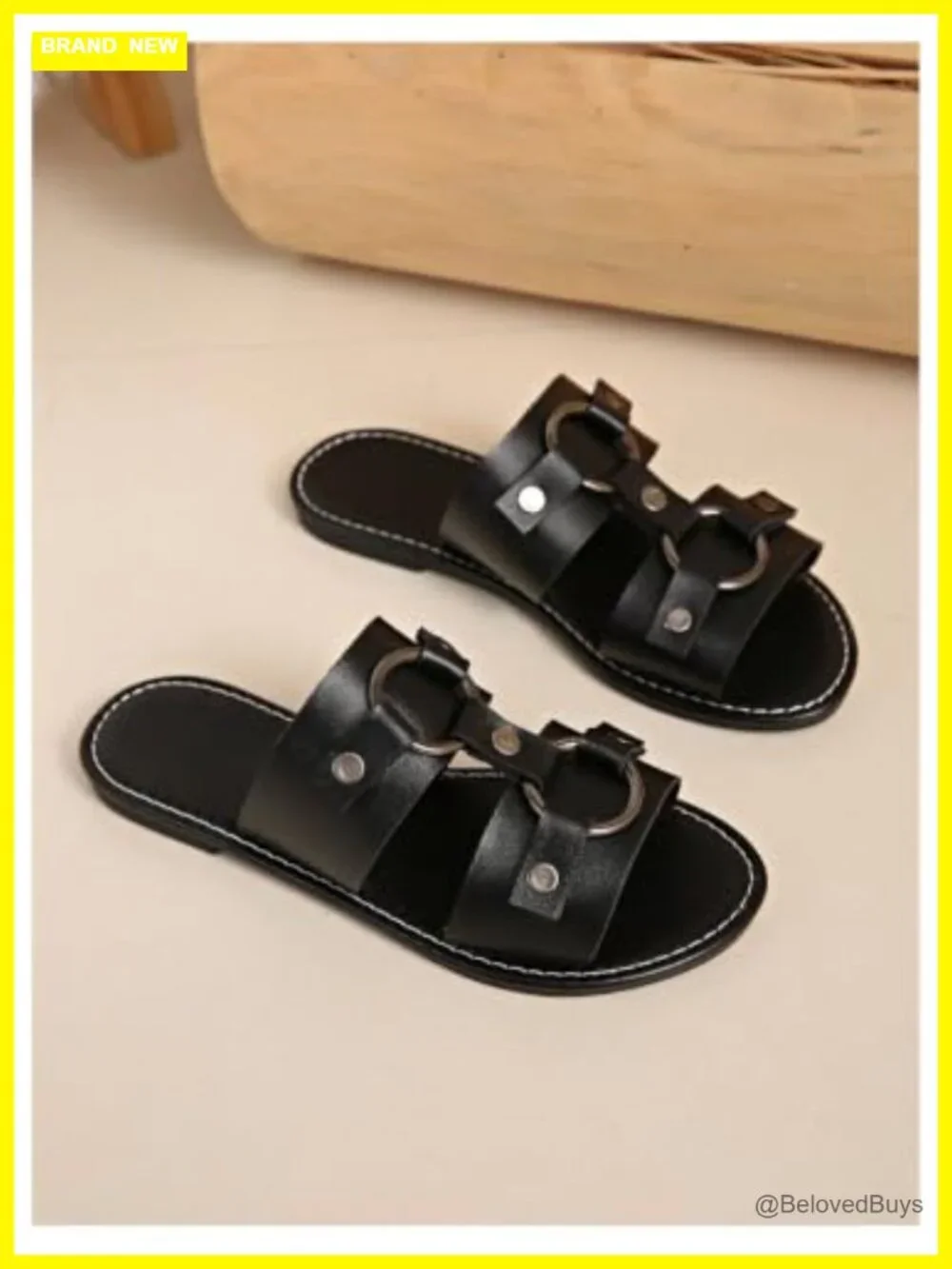 Faux Leather Ring Buckle Flat Sandals Open Toe Wide Strap Slide